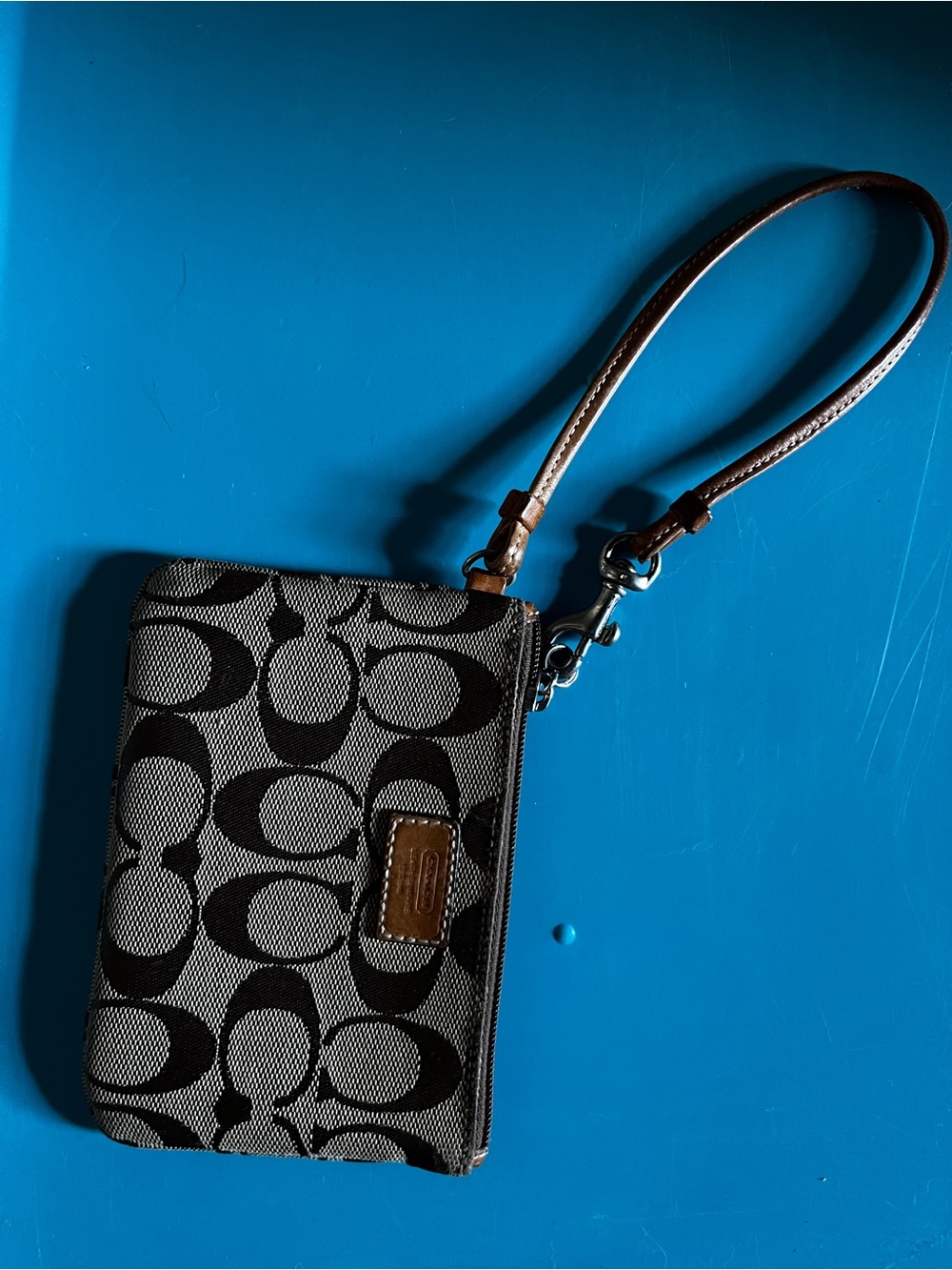 Coach Black & Gray Signature Wristlet with Brown Leather Strap